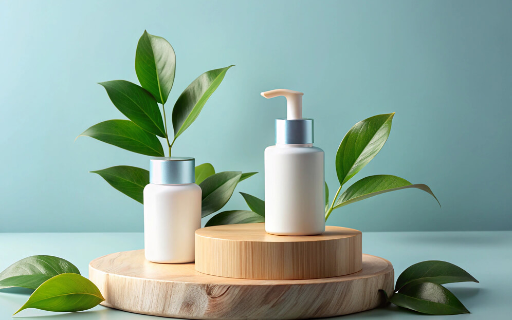 Two cosmetic product podiums mockup background presentation